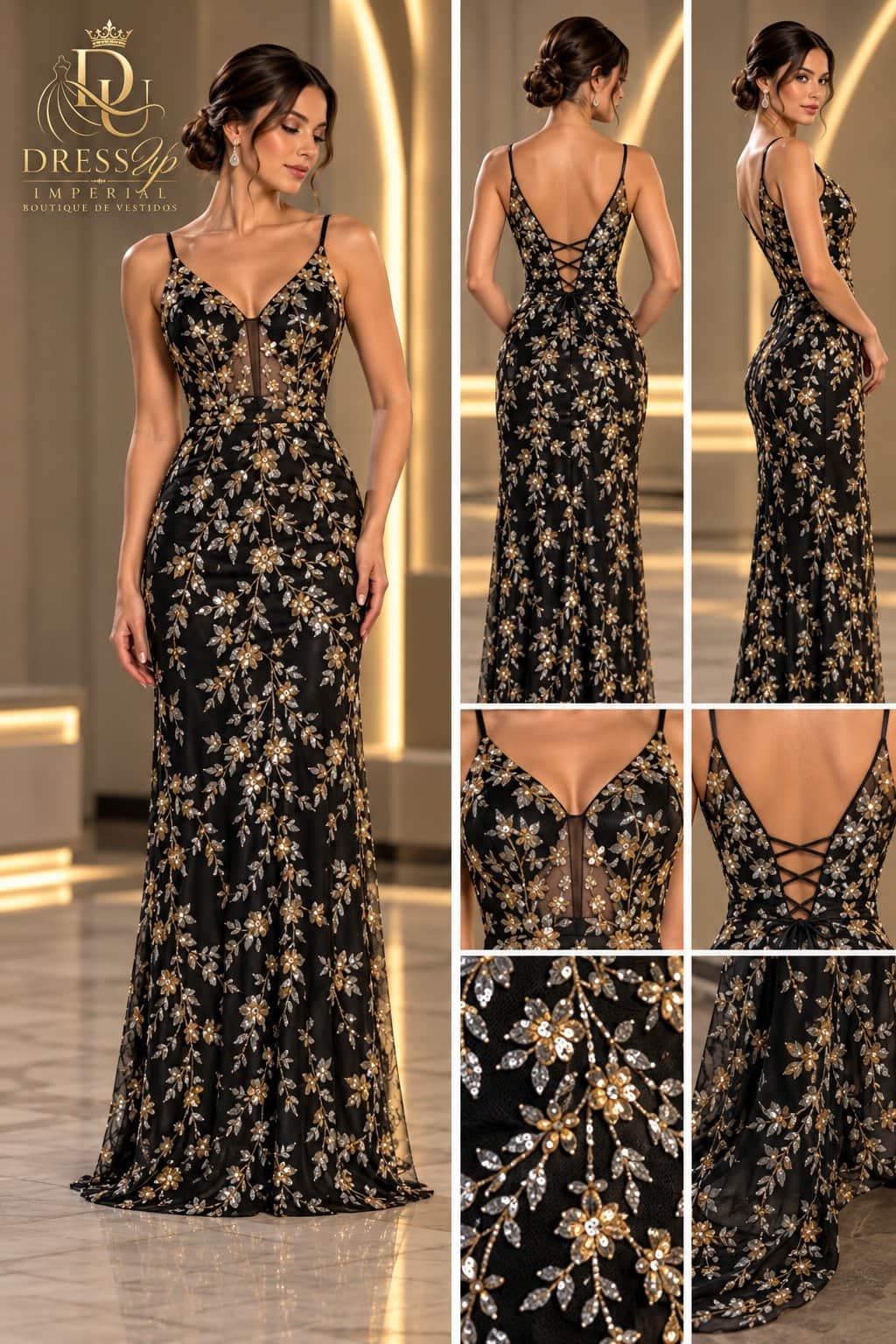 Vestido de gala negro y dorado talla S/M DU-R-013